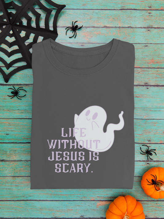 light blue tshirt with a cute ghost that reads, "life without Jesus is scary." Im a cute but spooky-ish font.